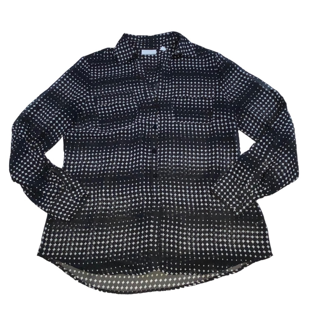 New York & Company Black White Geometric Print Button Down Shirt Blouse Large
